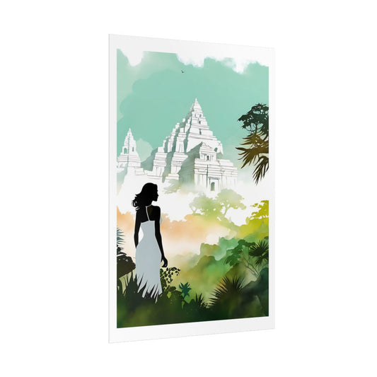 Temple in the Mist jungle ruins poster – side angle example watercolor wall art print