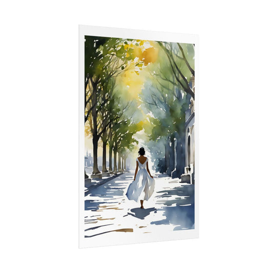 Tree-Lined Boulevard European promenade poster – side angle example watercolor wall art print
