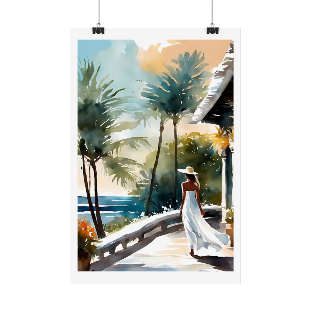 Tropical Colonnade island terrace poster – hanging example watercolor wall art print