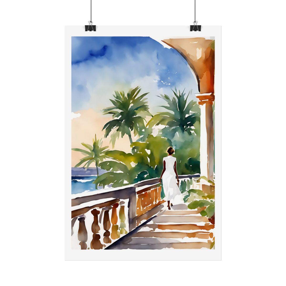 Villa Gardens seaside estate poster – hanging example watercolor wall art print