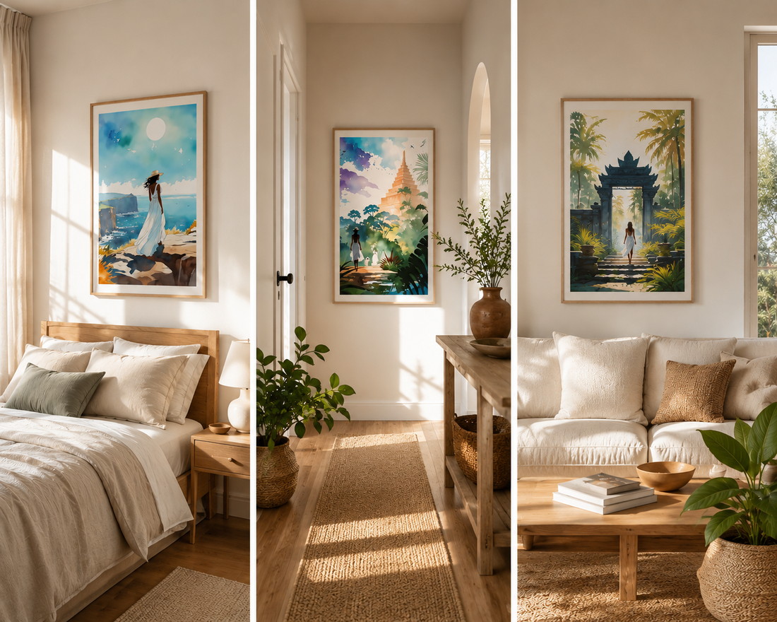 Calm home decor with wall art in bedroom, living room and hallway