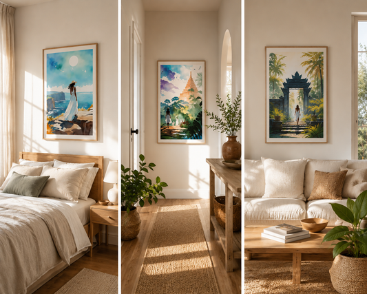 Calm home decor with wall art in bedroom, living room and hallway