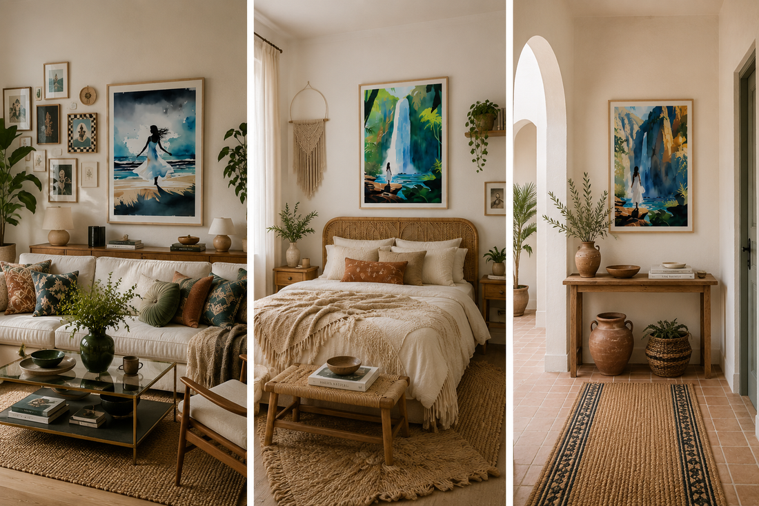 Triptych wall art combination mockup with ocean, waterfall and canyon prints in warm home interiors