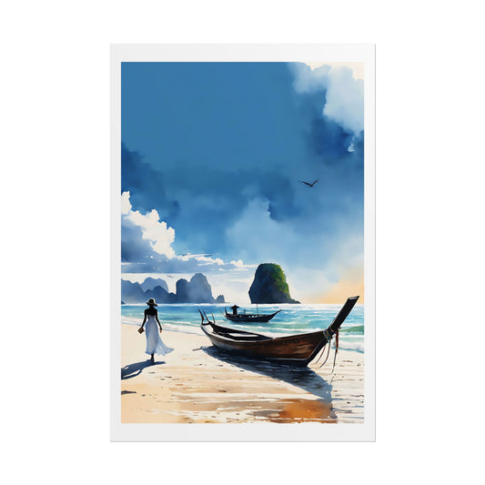 "Andaman Dreams" Watercolor Wall Art Print - Woman in White at a Thai Beach with Longtail Boats - Island Paradise Poster