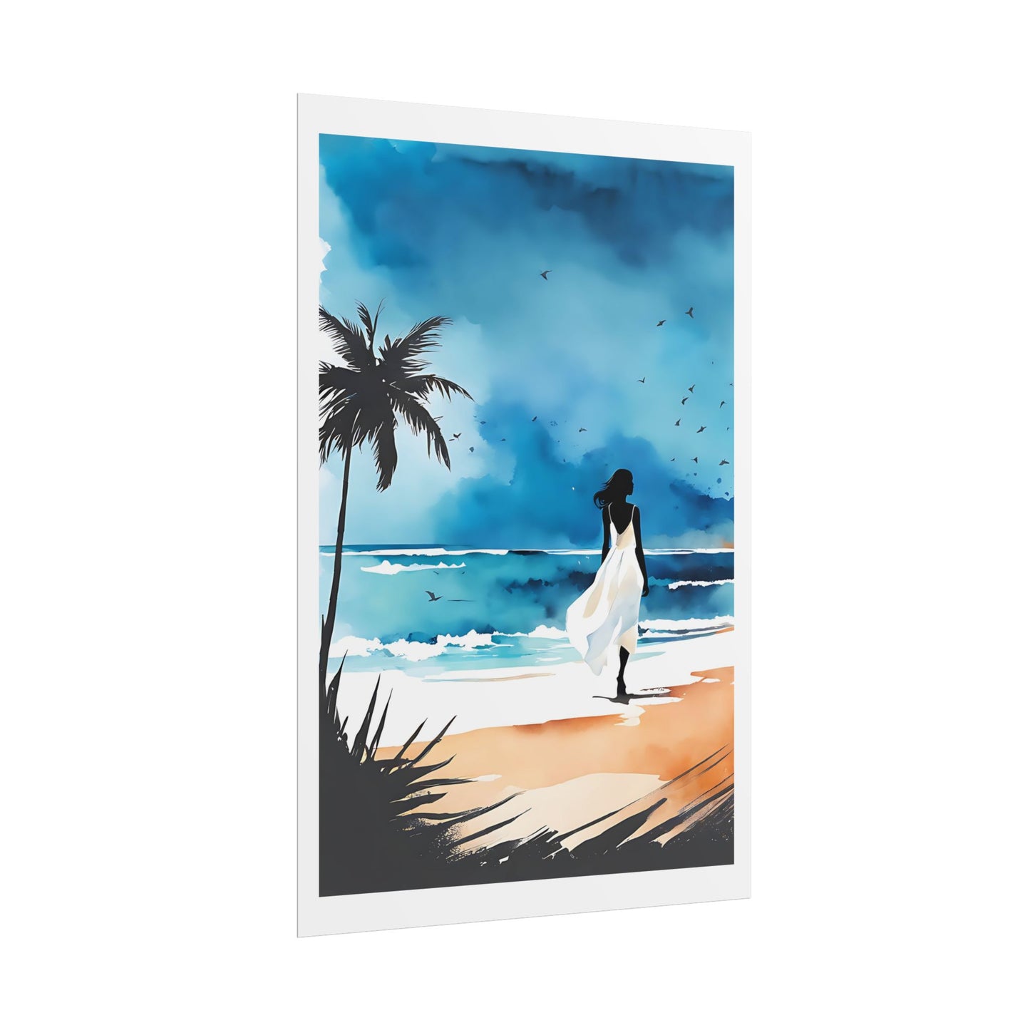 “Ocean Wanderer” Watercolor Wall Art - Woman in White Dress Seaside Print