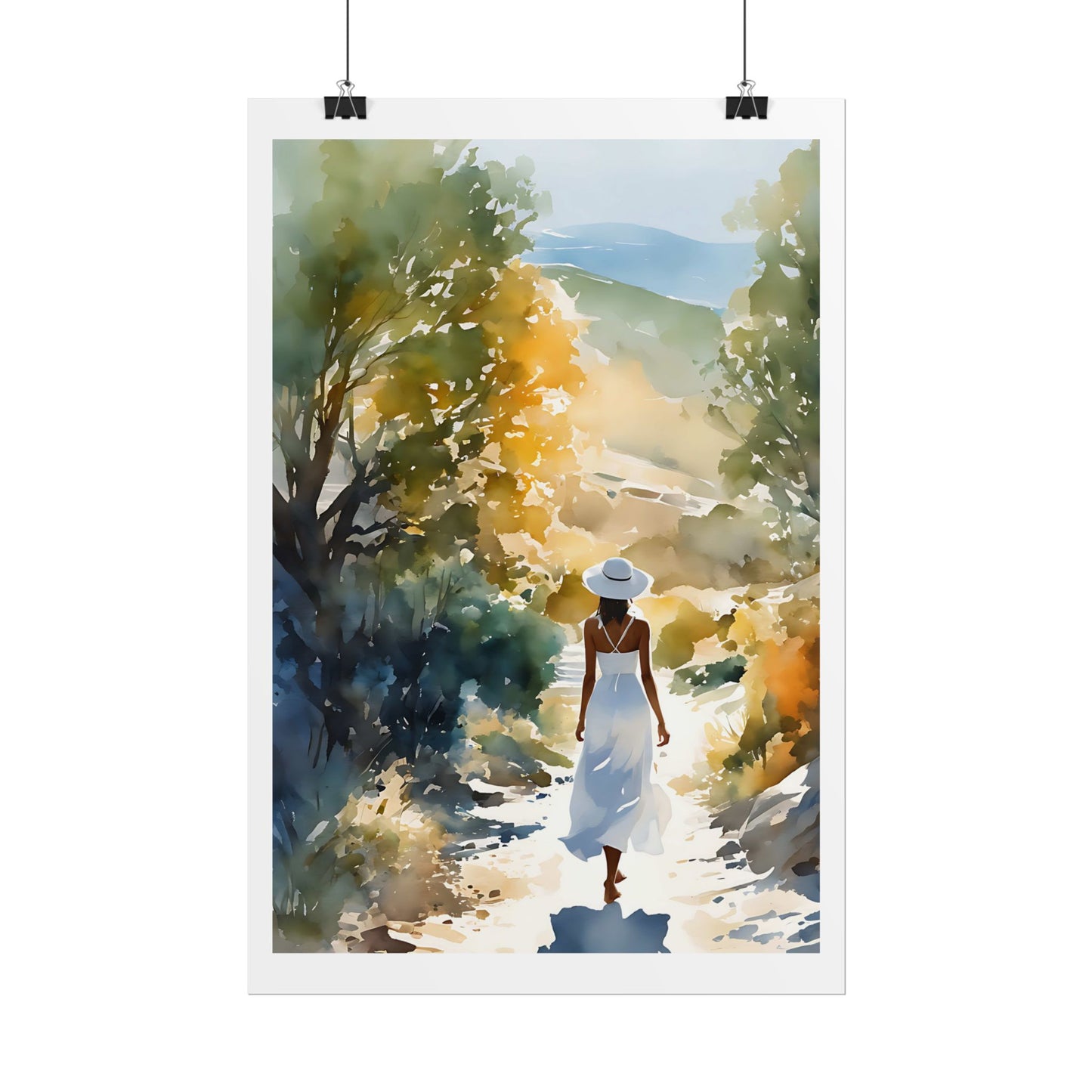 "Hillside Walk" Watercolor Wall Art Print - Woman in White on an Autumn Country Path - Golden Countryside Poster