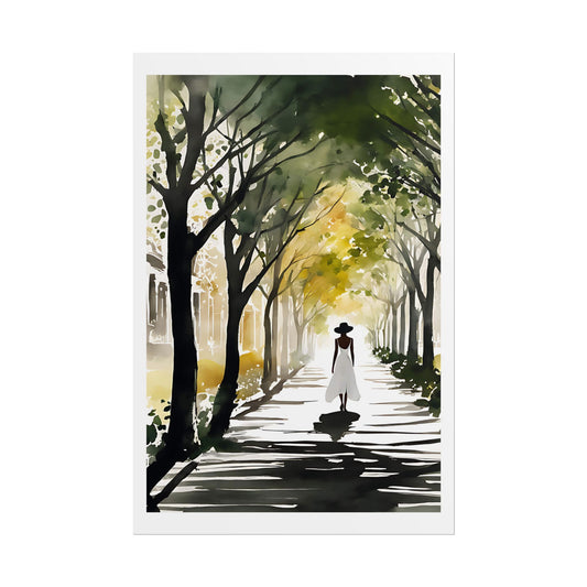 "Autumn Avenue" Watercolor Wall Art Print - Woman in White Walking Tree-Lined Path - Fall Promenade Poster