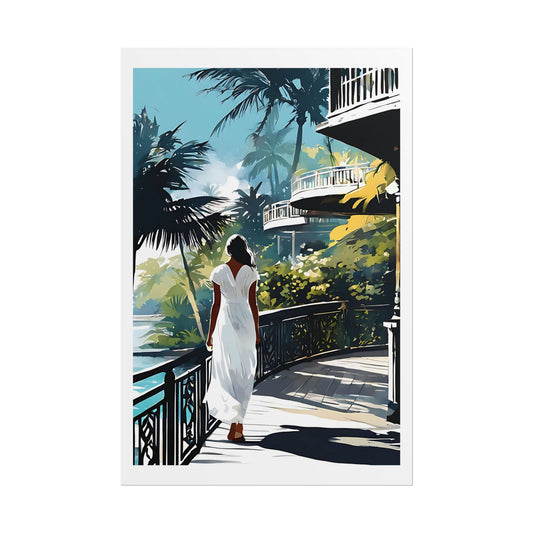 "Colonial Veranda" Watercolor Wall Art Print - Woman in White at Tropical Balcony Terrace - Caribbean Estate Poster