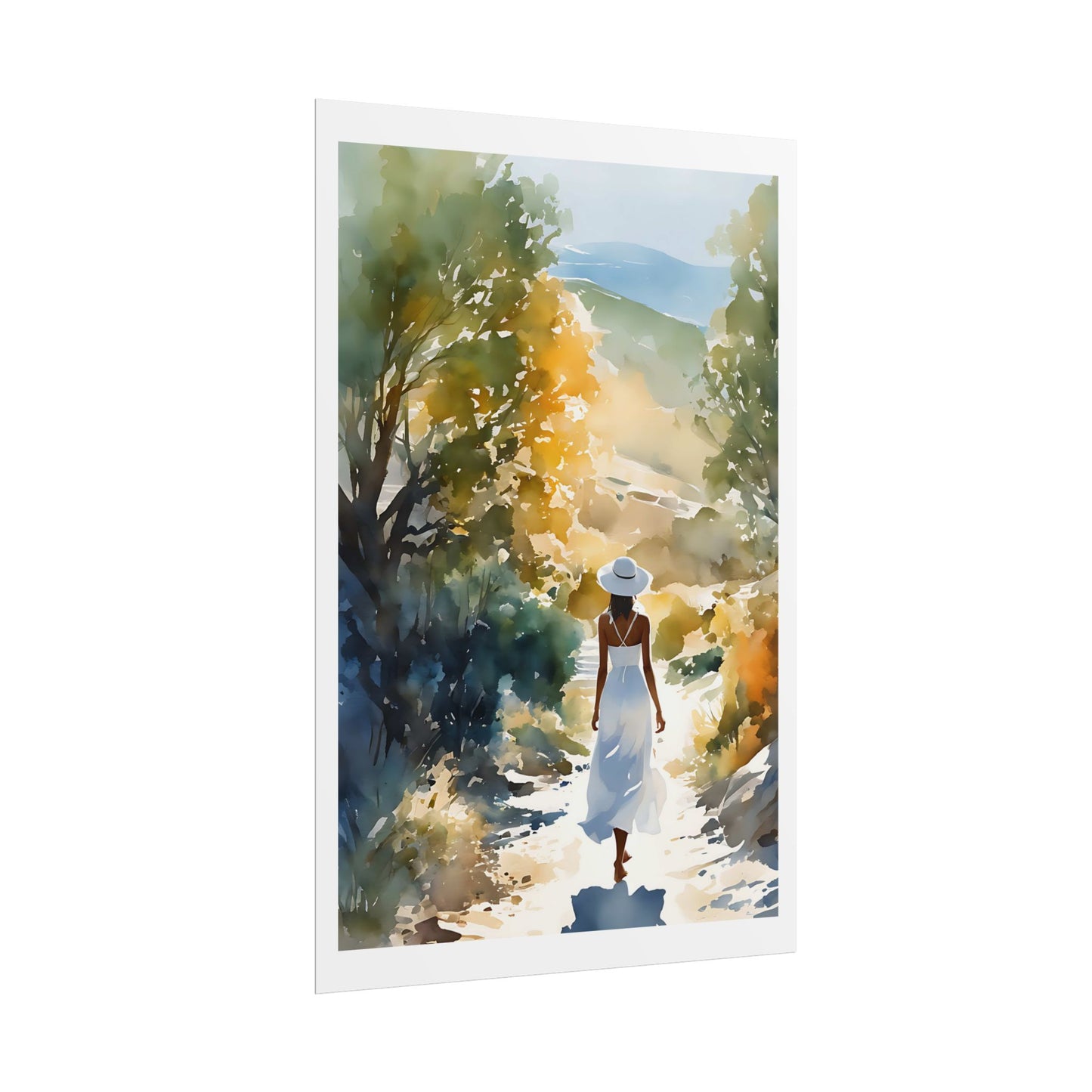 "Hillside Walk" Watercolor Wall Art Print - Woman in White on an Autumn Country Path - Golden Countryside Poster