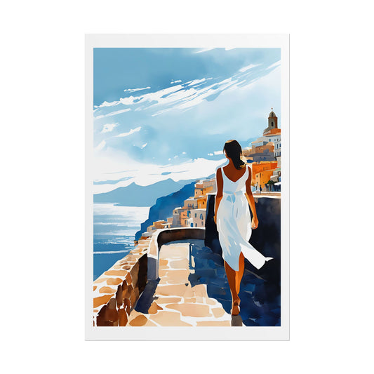 "Amalfi Promenade" Watercolor Wall Art Print - Woman in White Walking the Italian Coast - Mediterranean Cliffside Village Poster