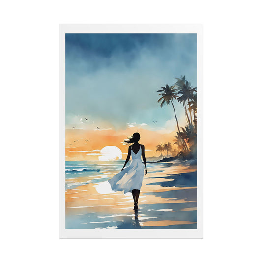 "Amber Shores" Watercolor Wall Art Print - Woman in White Walking Beach at Sunset - Tropical Evening Poster