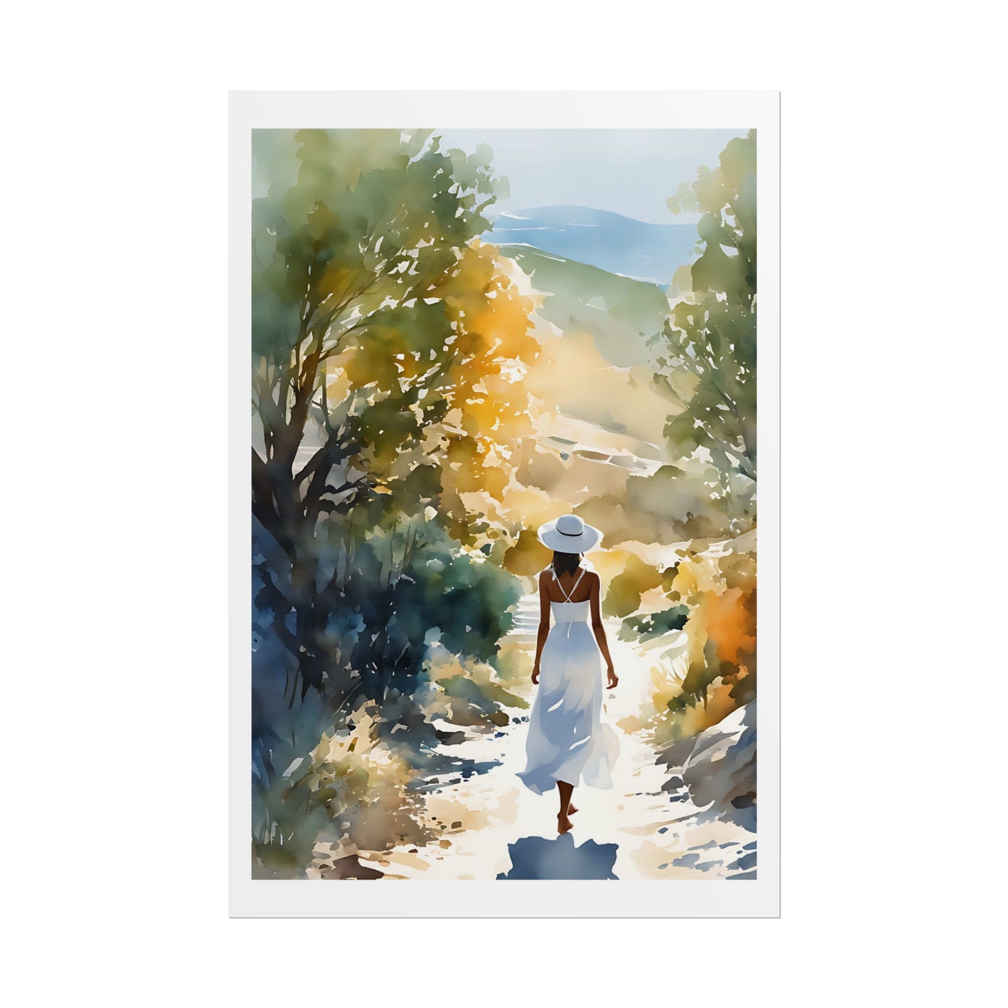 "Hillside Walk" Watercolor Wall Art Print - Woman in White on an Autumn Country Path - Golden Countryside Poster