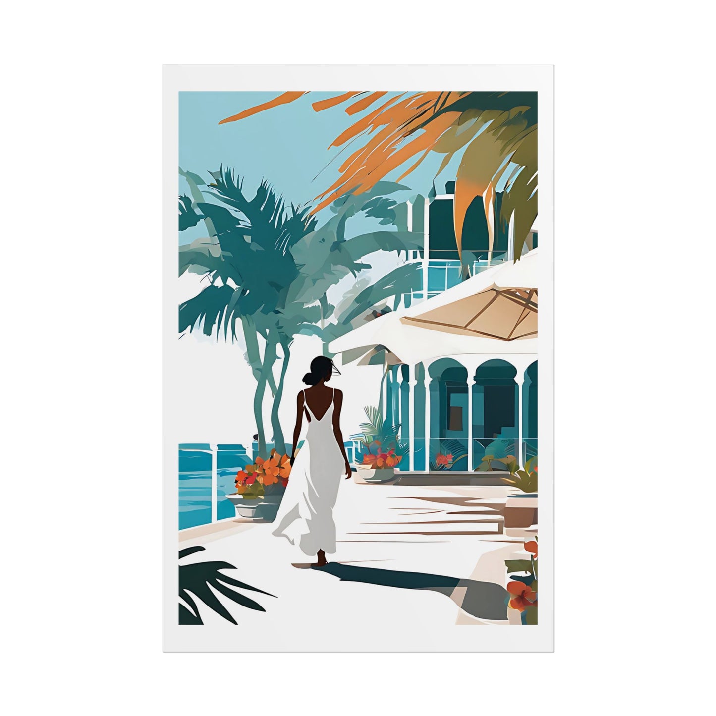 "Caribbean Morning" Watercolor Wall Art Print - Woman in White at Seaside Resort Terrace - Tropical Paradise Poster