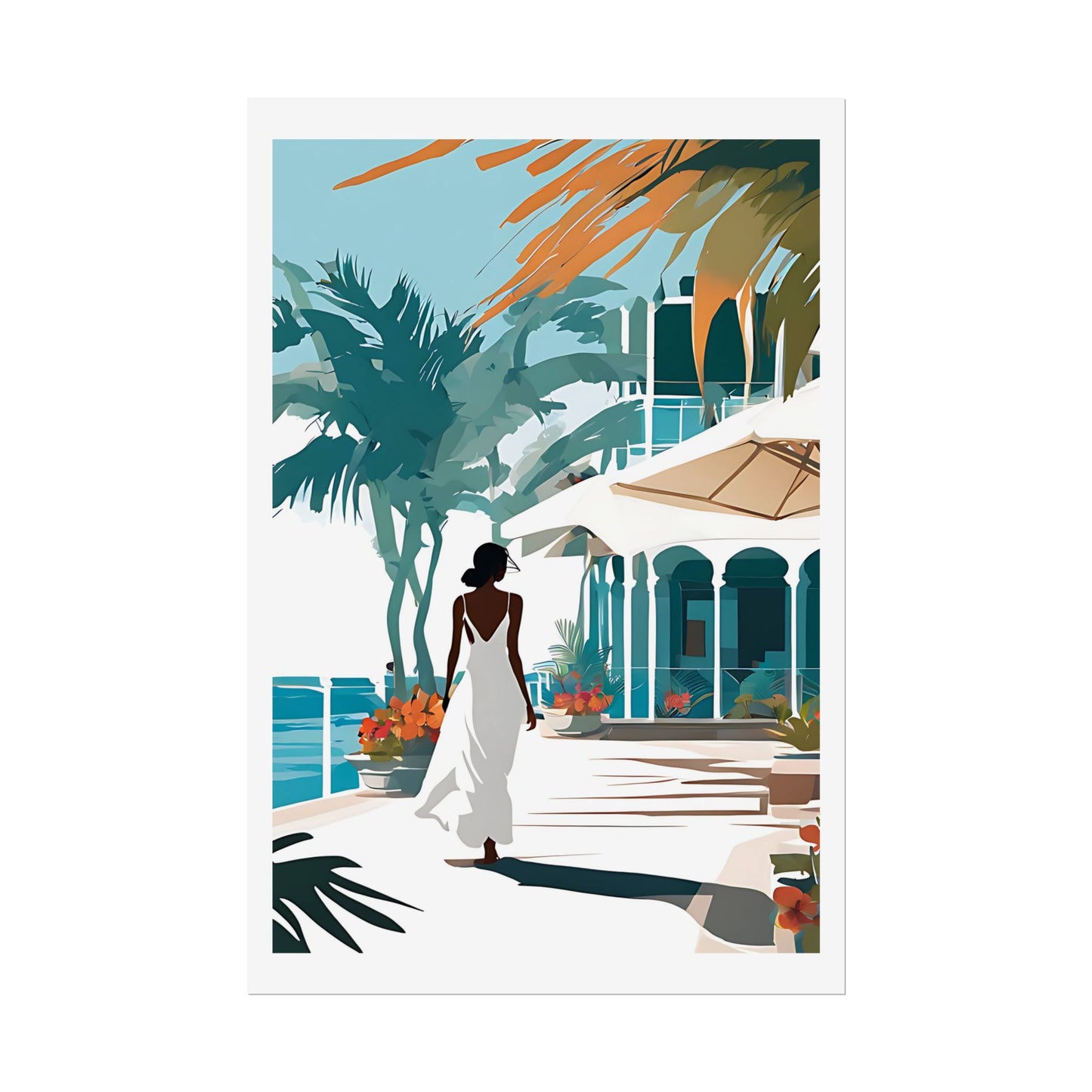 "Caribbean Morning" Watercolor Wall Art Print - Woman in White at Seaside Resort Terrace - Tropical Paradise Poster