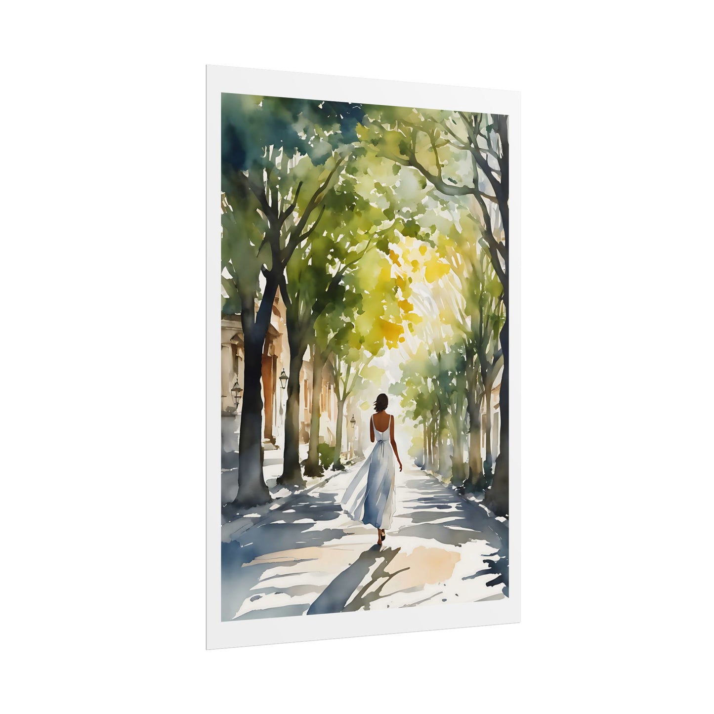 "Leafy Promenade" Watercolor Wall Art Print - Woman in White on Tree-Lined Avenue - European Summer Walk Poster