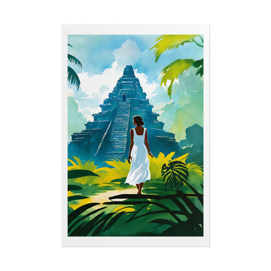 "Path to the Ancient Pyramid" Watercolor Wall Art Print - Woman Approaching a Hidden Temple in the Jungle - Emerald Explorer Poster