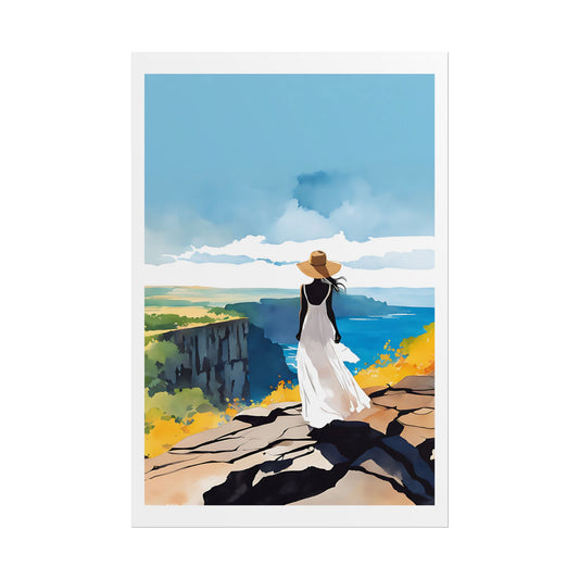 "Autumn by the Sea" Watercolor Wall Art Print - Woman on Golden Cliffs Overlooking the Ocean - Coastal Wanderlust Poster