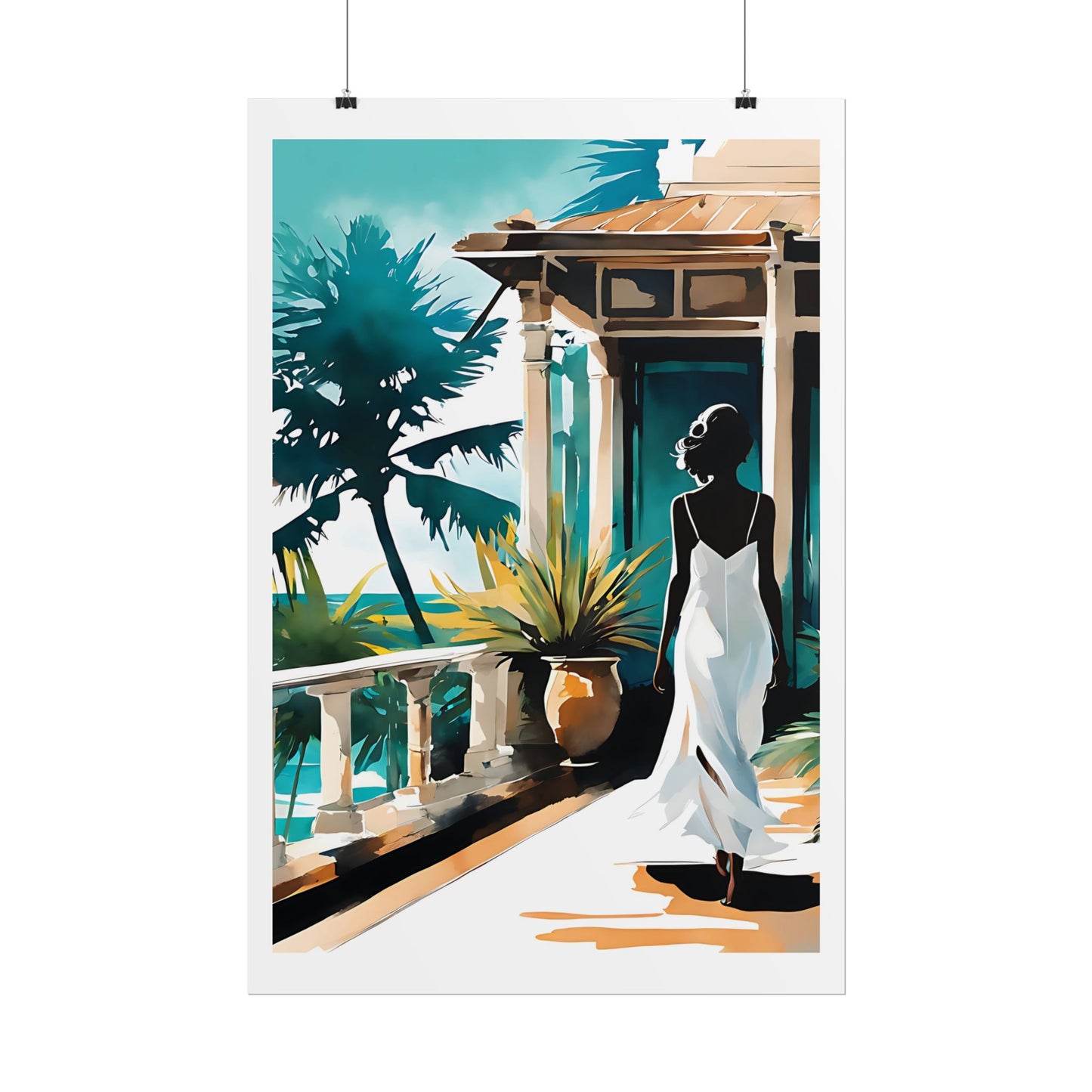 "Coastal Villa" Watercolor Wall Art Print - Woman in White at Elegant Seaside Terrace - Mediterranean Paradise Poster