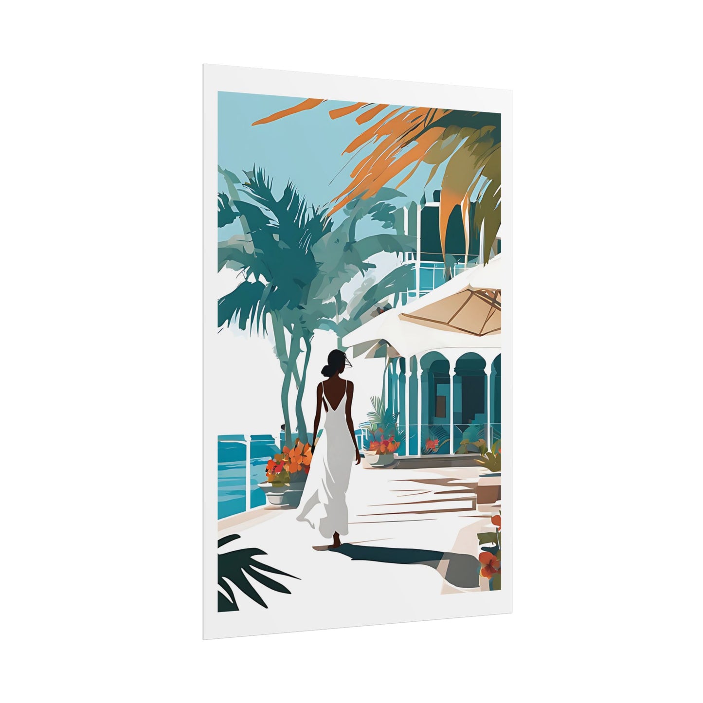 "Caribbean Morning" Watercolor Wall Art Print - Woman in White at Seaside Resort Terrace - Tropical Paradise Poster