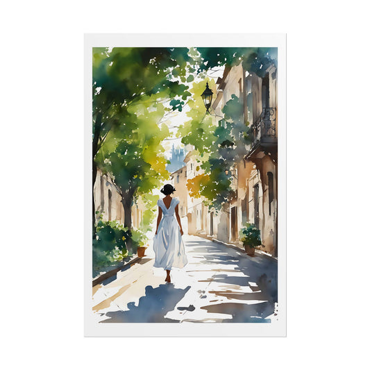 "Village Stroll" Watercolor Wall Art Print - Woman in White on a Sunlit Mediterranean Street - European Summer Poster