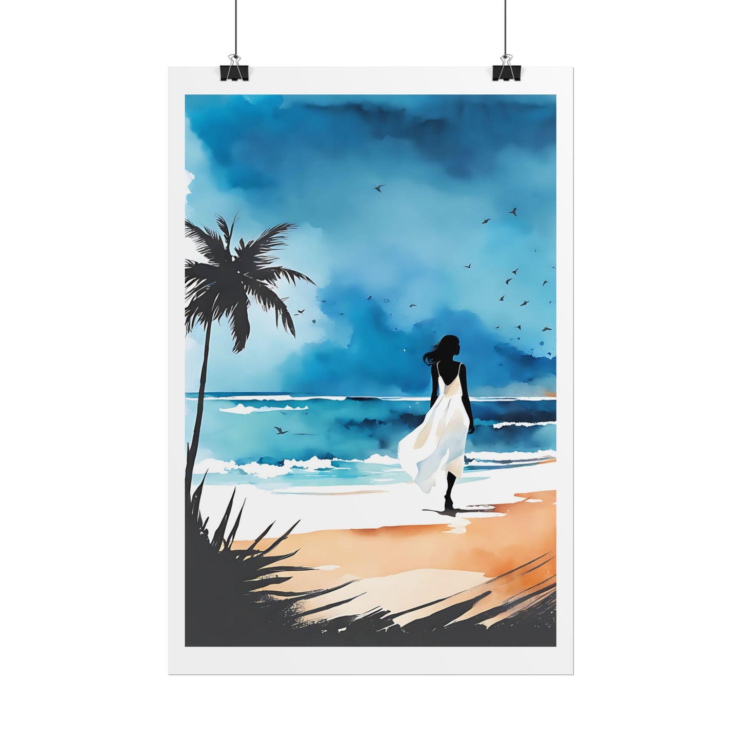 “Ocean Wanderer” Watercolor Wall Art - Woman in White Dress Seaside Print