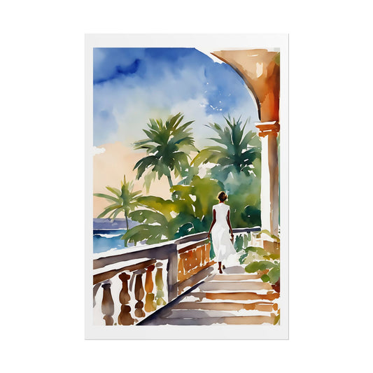 "Villa Gardens" Watercolor Wall Art Print - Woman in White at Colonial Seaside Estate - Mediterranean Paradise Poster