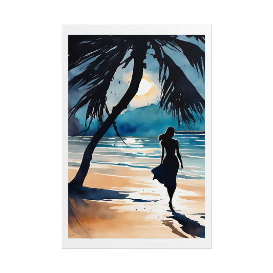 “Silent Longing” Watercolor Wall Art Print - Silhouette by the Shore - Beach Sunset Poster