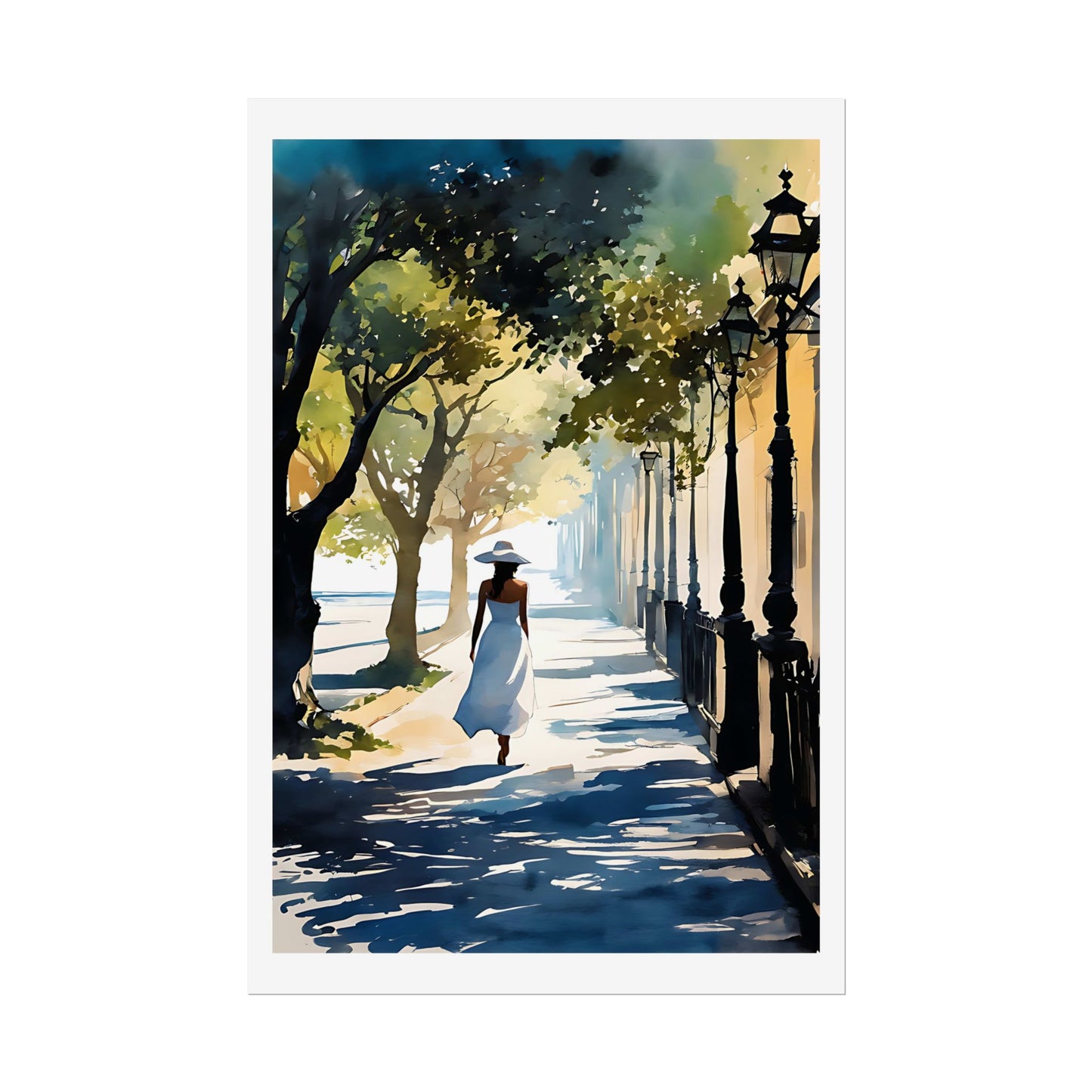 "Morning Promenade" Watercolor Wall Art Print - Woman in White on a Tree-Lined City Street - European Elegance Poster
