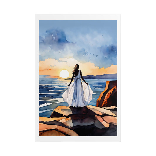 “Edge of Stillness” Watercolor Wall Art Print - Woman in White Above the Sea - Coastal Sunset Poster