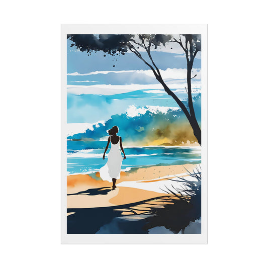 “Sea Breeze Solitude” Watercolor Wall Art Print - Woman in White by the Shore - Beach Poster