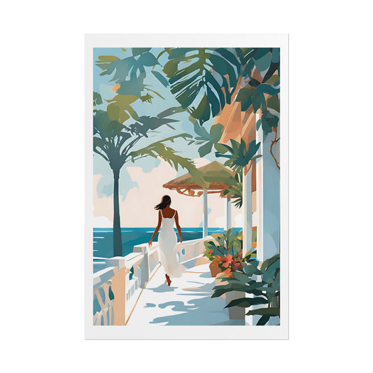 "Seaside Terrace" Watercolor Wall Art Print - Woman in White at Tropical Resort Balcony - Ocean Paradise Poster