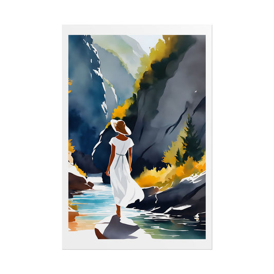 "Autumn Canyon" Watercolor Wall Art Print - Woman in White by Mountain River Gorge - Wilderness Adventure Poster
