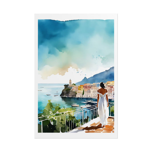"Amalfi Dreams" Watercolor Wall Art Print - Woman in White Gazing at Mediterranean Coast - Italian Seaside Poster