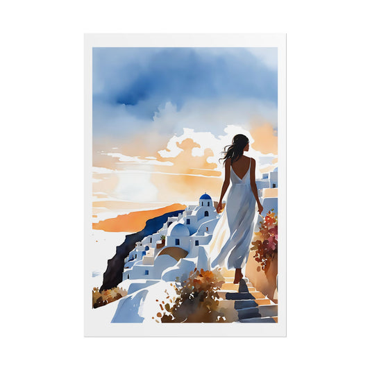 "Oia Golden Hour" Watercolor Wall Art Print - Woman in White Walking Santorini at Sunset - Greek Island Blue Dome Poster