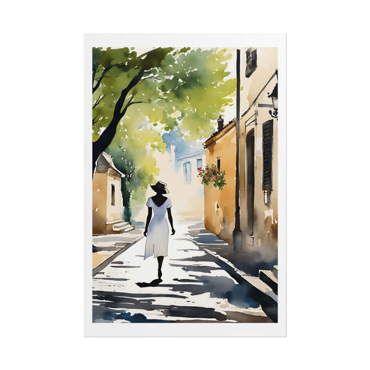 "Village Morning" Watercolor Wall Art Print - Woman in White on Mediterranean Street - Provençal Summer Poster