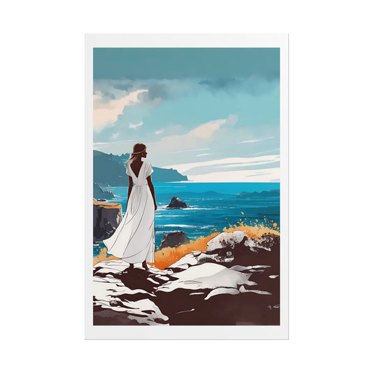 "Wild Coast Wanderer" Watercolor Wall Art Print - Woman on Rugged Headland Cliffs - Dramatic Shoreline Poster