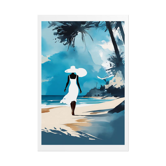 “Azure Escape” Watercolor Wall Art Print - Woman in White by the Sea - Beach Poster
