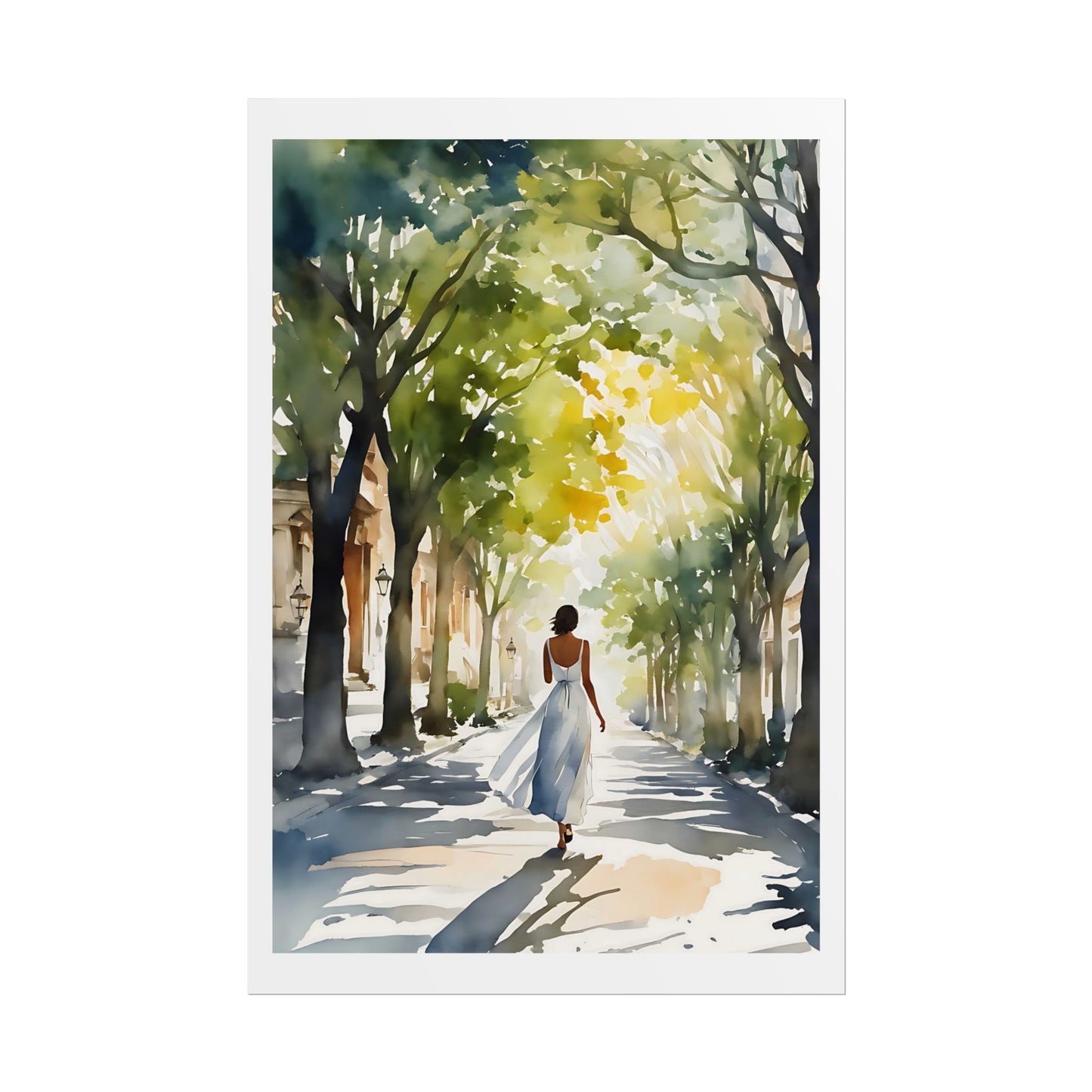 "Leafy Promenade" Watercolor Wall Art Print - Woman in White on Tree-Lined Avenue - European Summer Walk Poster