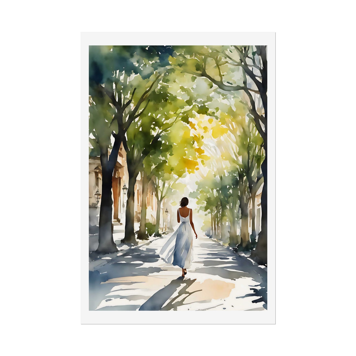 "Leafy Promenade" Watercolor Wall Art Print - Woman in White on Tree-Lined Avenue - European Summer Walk Poster