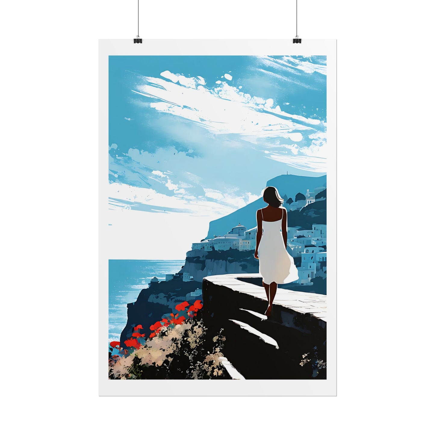 "Aegean Cliffs" Watercolor Wall Art Print - Woman in White on Greek Island Path - Mediterranean Seaside Village Poster