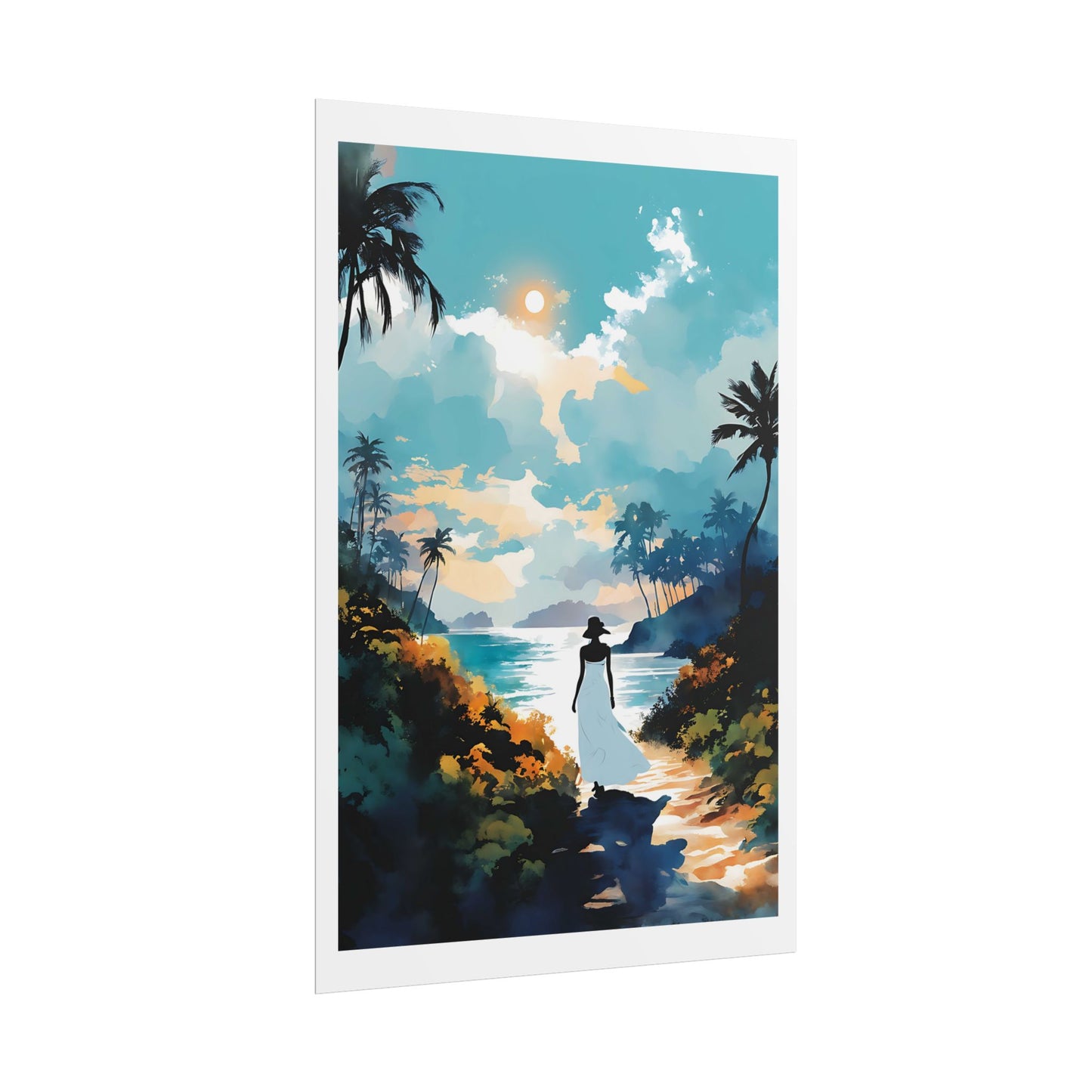 “Path to the Sea” Watercolor Wall Art Print - Woman in White by the Sea - Beachside Poster