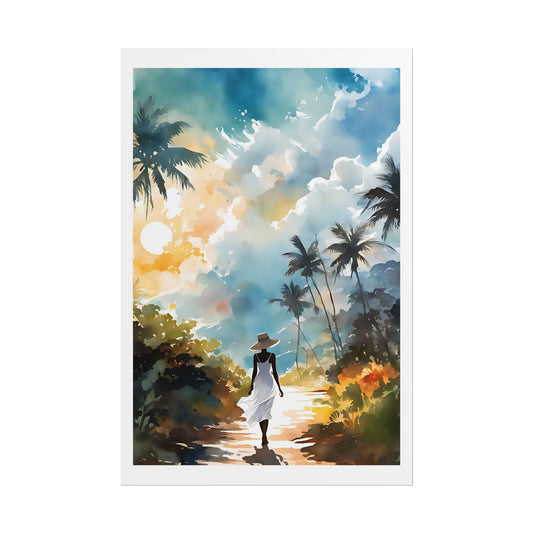 "Golden Path" Watercolor Wall Art Print - Woman in White Walking Through Tropical Sunset - Island Paradise Poster