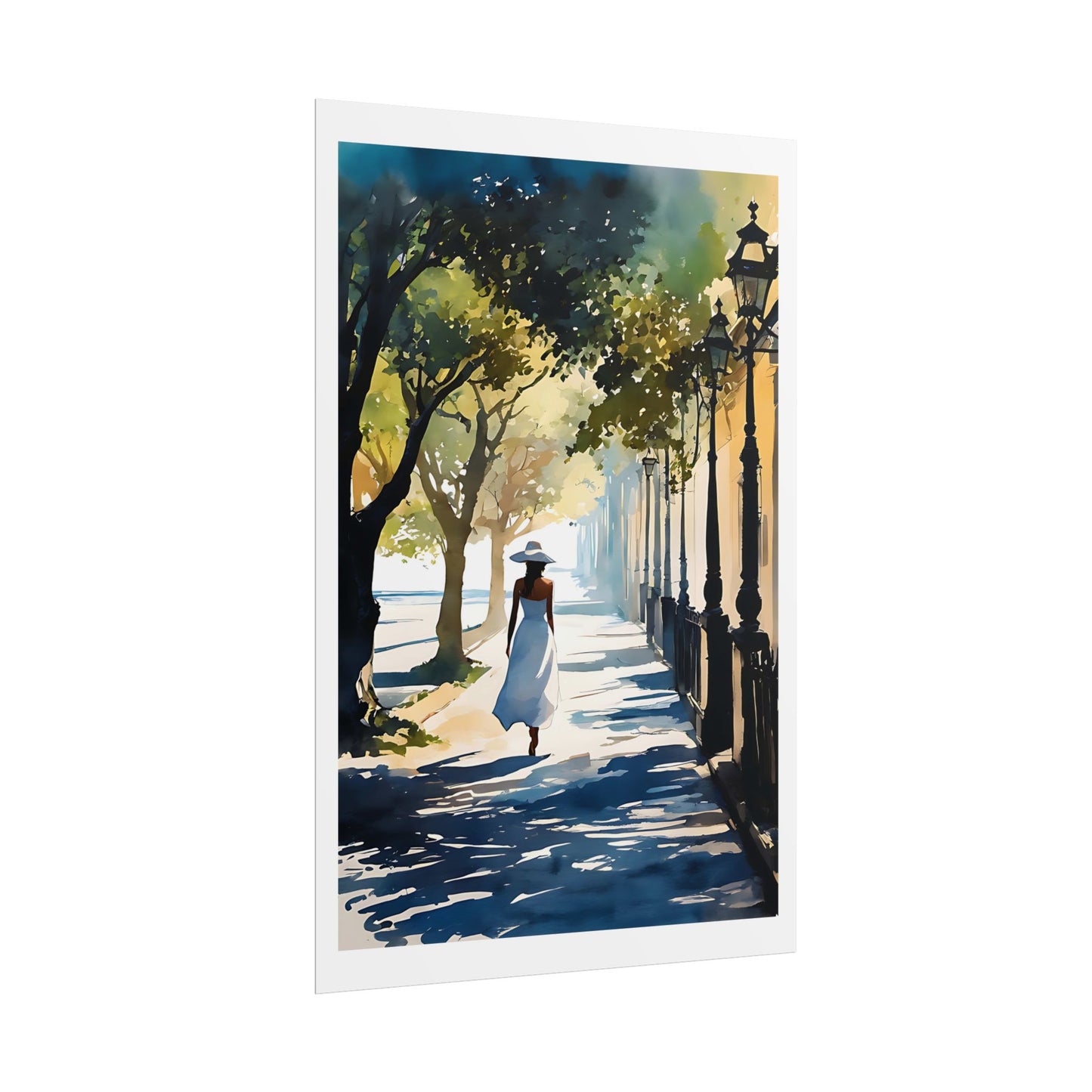 "Morning Promenade" Watercolor Wall Art Print - Woman in White on a Tree-Lined City Street - European Elegance Poster
