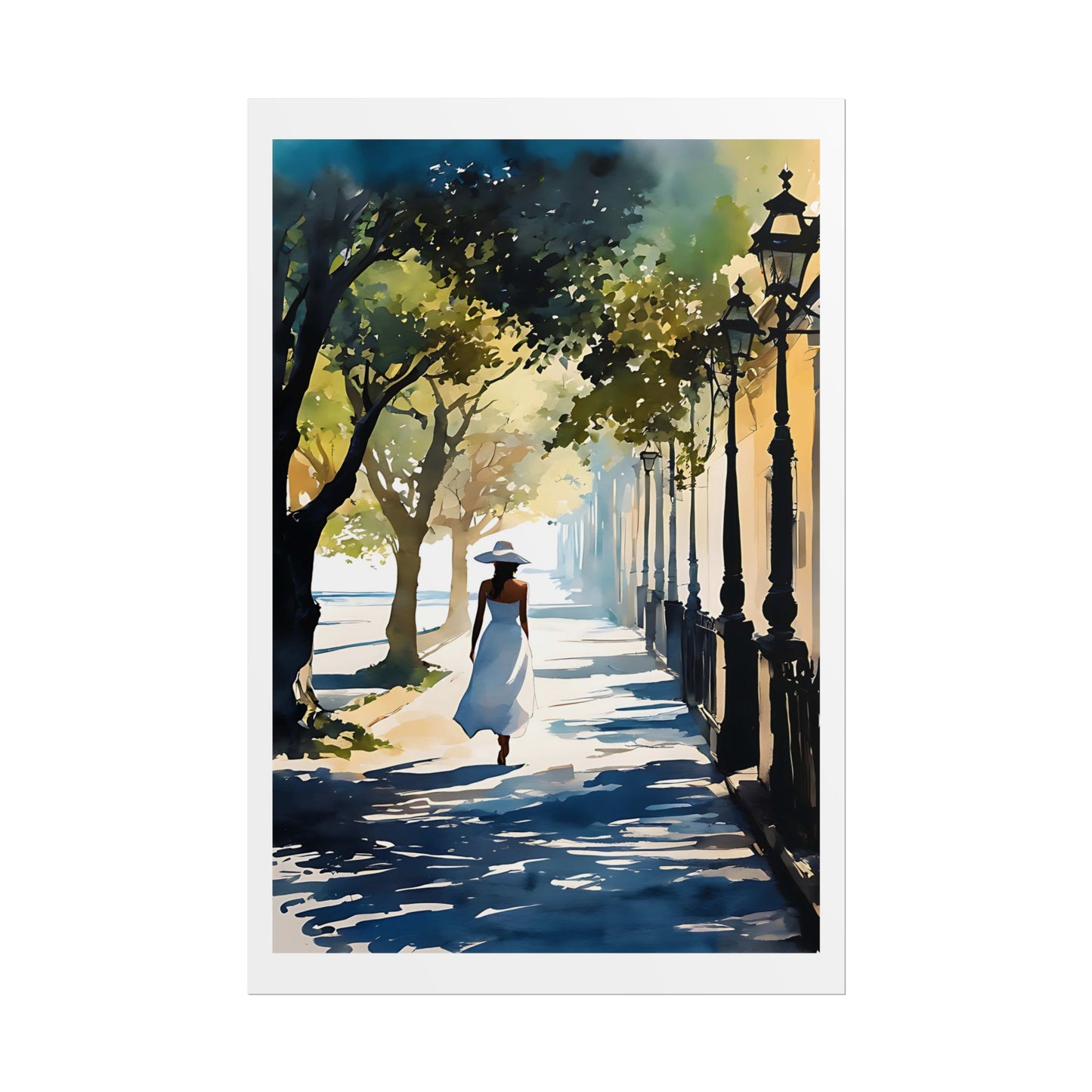 "Morning Promenade" Watercolor Wall Art Print - Woman in White on a Tree-Lined City Street - European Elegance Poster