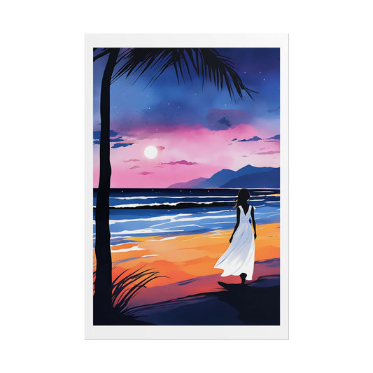 “Blush Horizon” Watercolor Wall Art Print - Woman in White by the Sea - Beach Sunset Poster