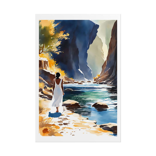 "Autumn Canyon" Watercolor Wall Art Print - Woman in White by a Canyon River in Fall - Golden Leaves Poster
