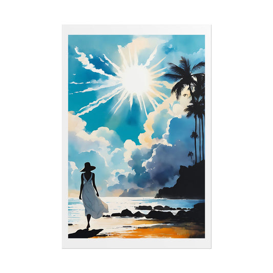 "Sunburst Bay" Watercolor Wall Art Print - Woman in White on Tropical Beach Under Dramatic Sky - Island Paradise Poster