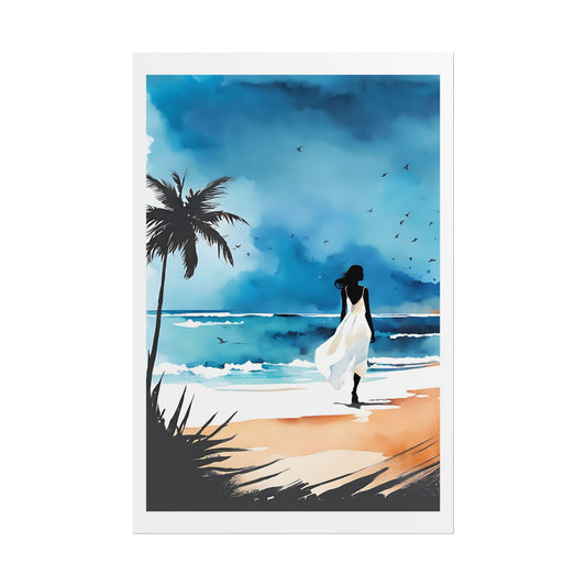 “Ocean Wanderer” Watercolor Wall Art - Woman in White Dress Seaside Print