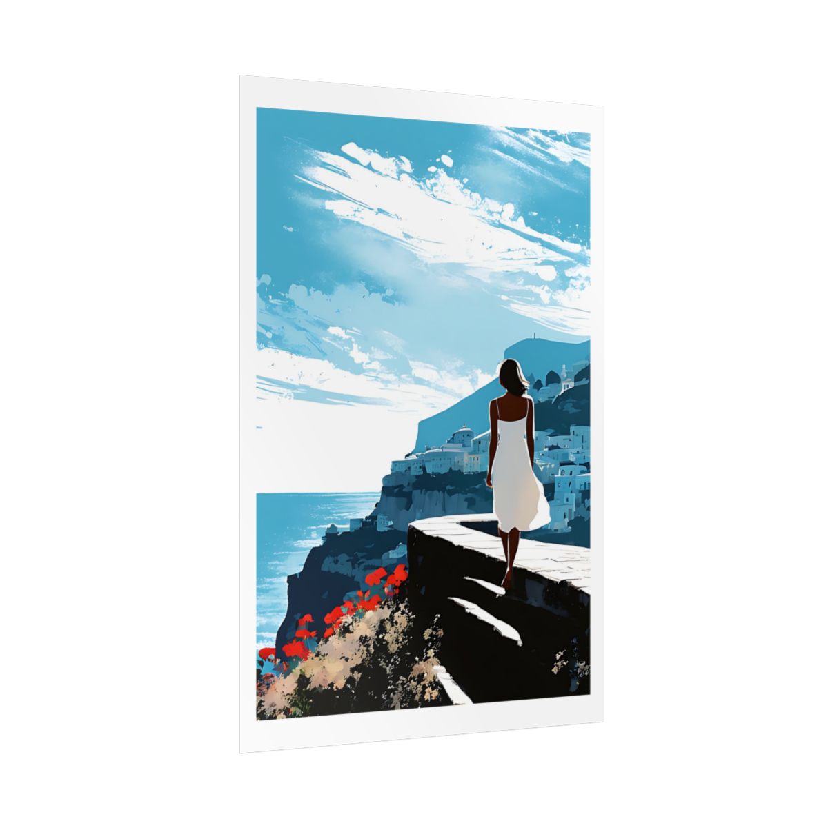 Aegean Cliffs Mediterranean Village poster – side angle example watercolor wall art print