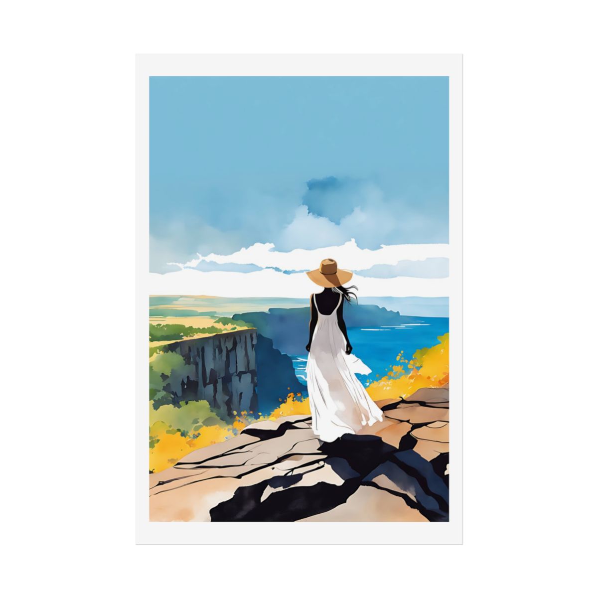 Autumn by the Sea Golden Cliff poster – front view watercolor wall art print